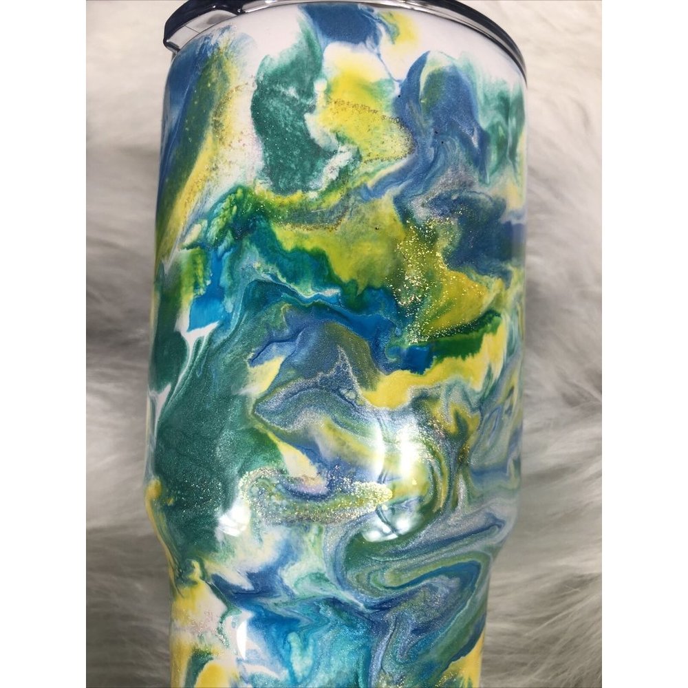 32 Ounce Tumbler Hand Painted Teal’s Blues Yellows Pearls & Glitter Lid Custom - Picture 12 of 16